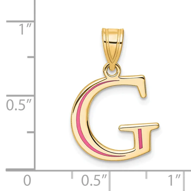 Gold letter G pendant with pink enamel stripe detail, shown next to a ruler for scale.