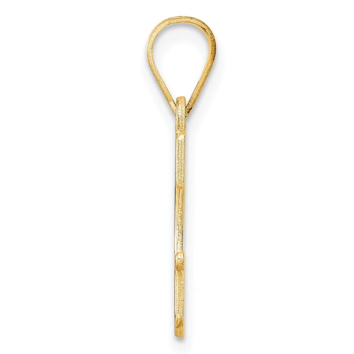A gold-toned metal loop pendant with a long stem, shown against a white background.