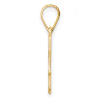 A gold-toned metal loop pendant with a long stem, shown against a white background.