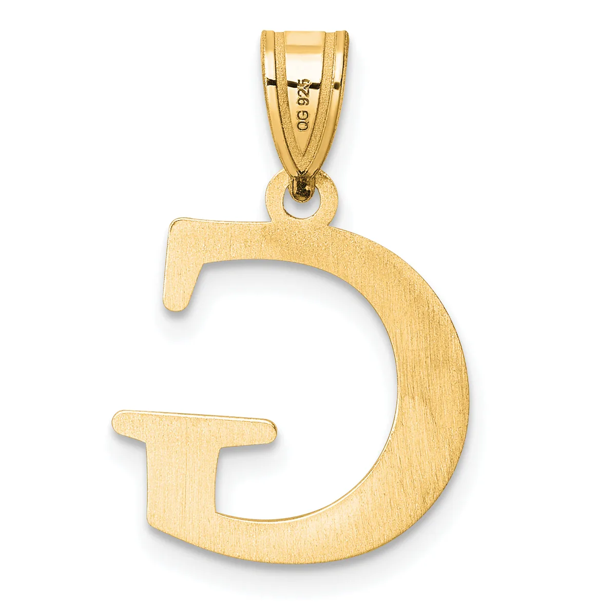 Gold pendant in the shape of the letter D with a brushed finish and a small stamped hallmark, suspended from a gold bail.