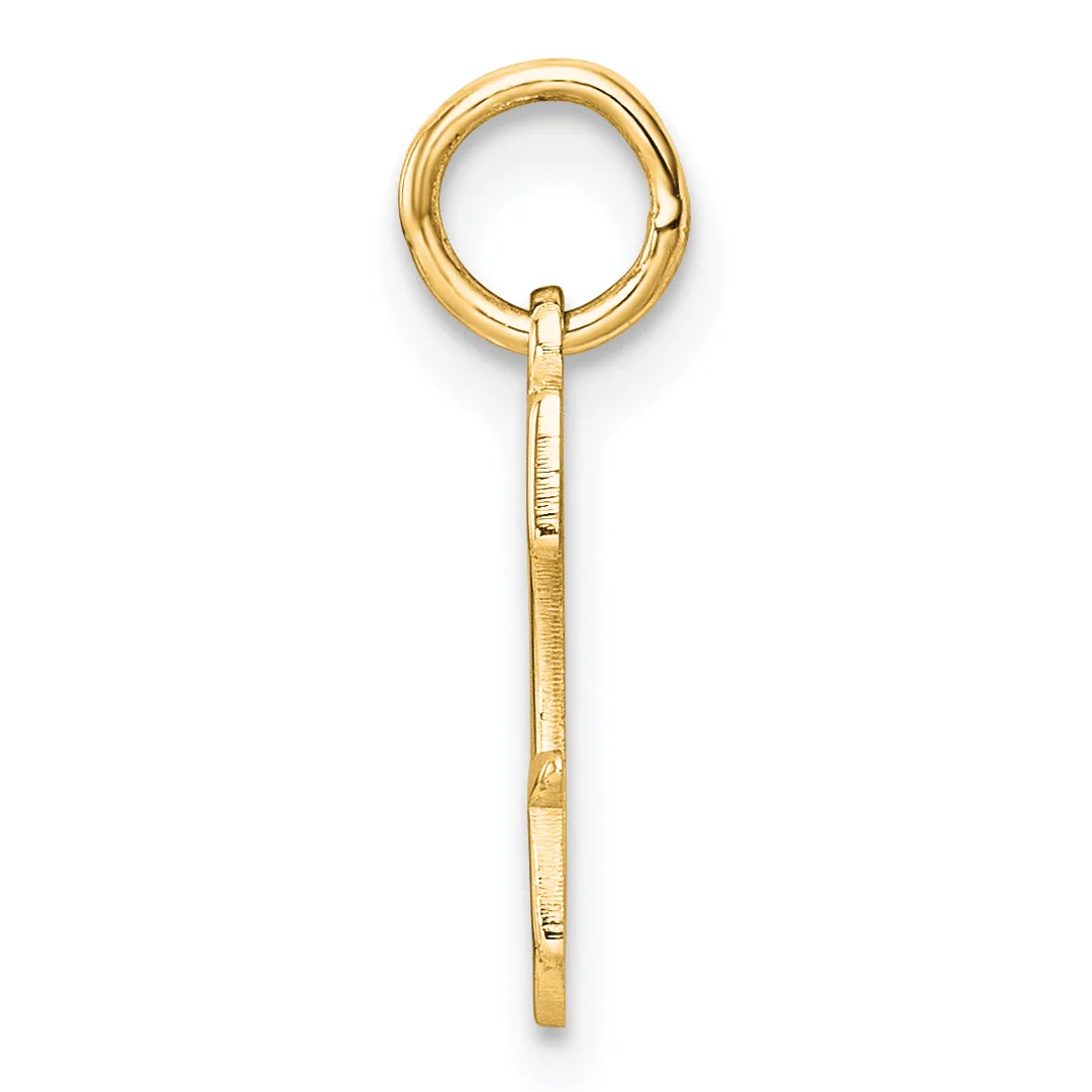 A gold-colored metal charm holder with a circular ring at the top and a rectangular shaft below, featuring a small stamped hallmark, shown against a white background.