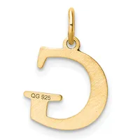Gold-colored letter D pendant with a textured matte finish and a small stamped hallmark, suspended from a polished bail loop.