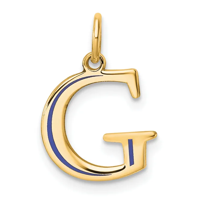 Gold letter G pendant with blue enamel stripe detail and attached bail loop, shown against a white background.