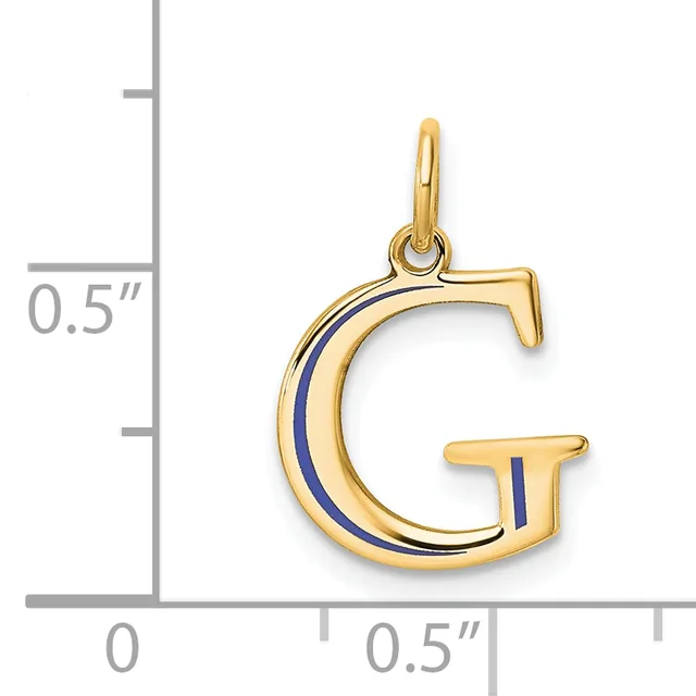 Gold letter G pendant with blue enamel stripe detail, shown next to a ruler indicating approximately 0.5 inches in height.