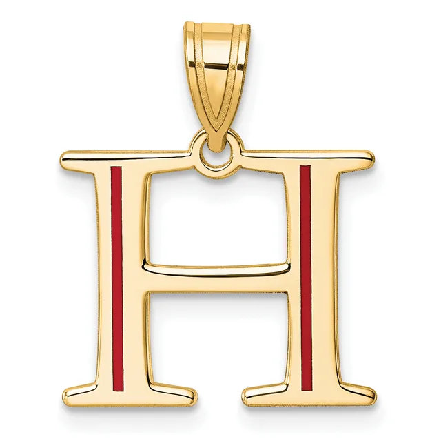 Gold letter H pendant with red enamel vertical stripes on each side, suspended from a gold bail.