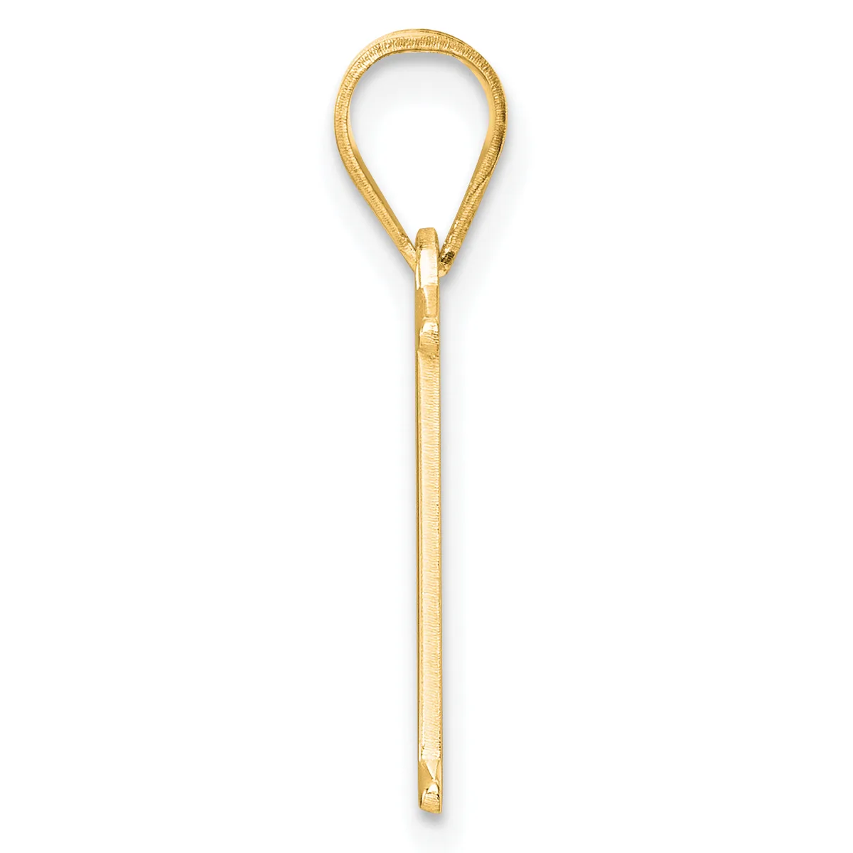 A gold teardrop-shaped pendant with a long stem, shown against a white background.