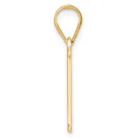 A gold teardrop-shaped pendant with a long stem, shown against a white background.