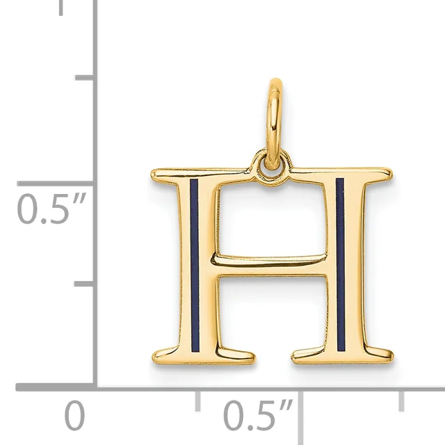 Gold letter H charm with black enamel vertical stripes on each side, shown next to a ruler indicating approximately half an inch in height.
