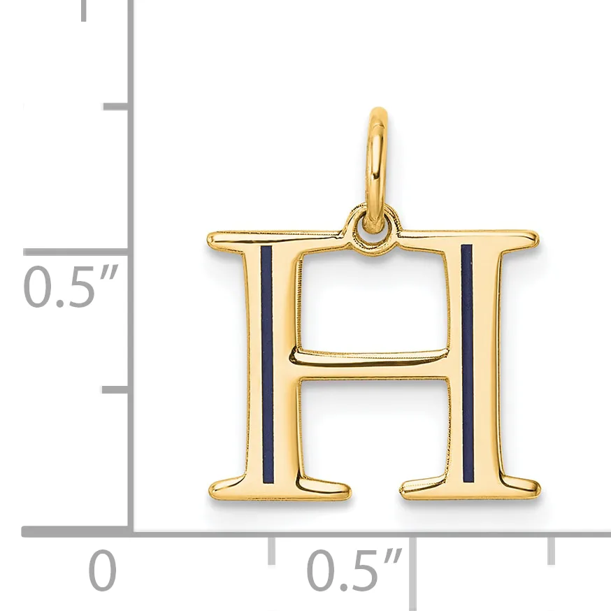 Gold letter H charm with black enamel vertical stripes on each side, shown next to a ruler indicating approximately half an inch in height.