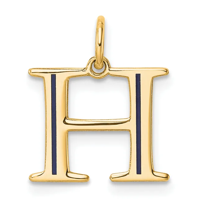 Gold letter H pendant with black enamel vertical stripes on each side, suspended from a gold loop bail.