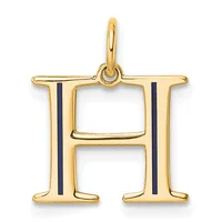 Gold letter H pendant with black enamel vertical stripes on each side, suspended from a gold loop bail.