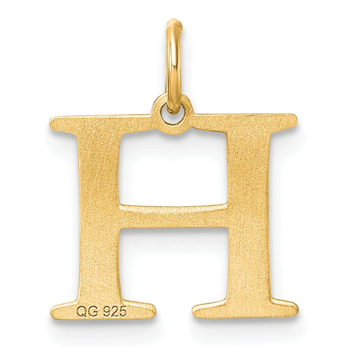 Gold letter H pendant with a polished bail at the top and a small stamped hallmark on the lower left side.