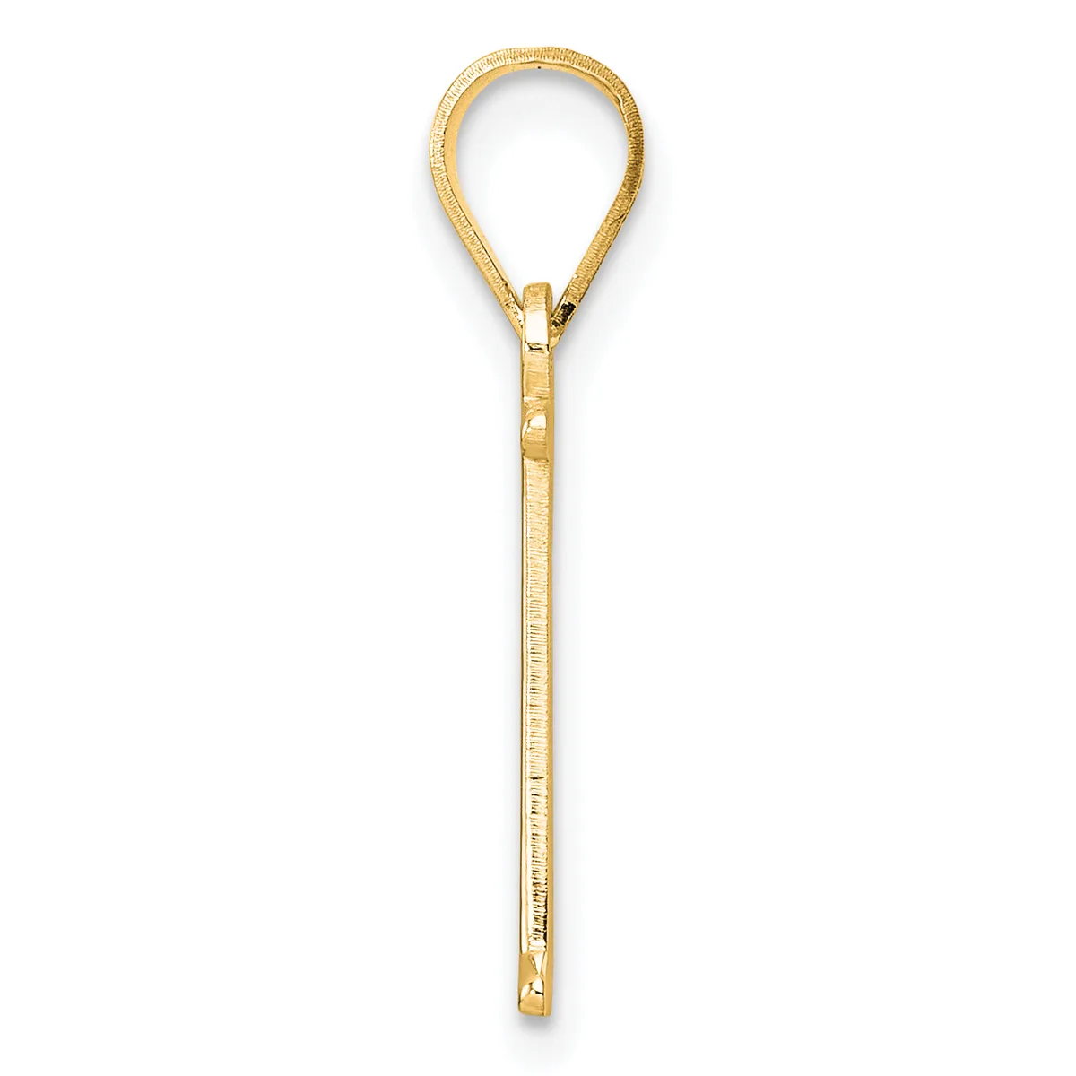 A gold-colored pendant with a teardrop-shaped loop at the top and a long rectangular stem below, featuring a textured surface and small hallmark stamp near the bottom.