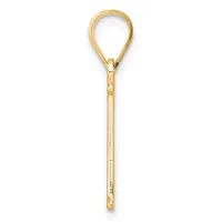 A gold-colored pendant with a teardrop-shaped loop at the top and a long rectangular stem below, featuring a textured surface and small hallmark stamp near the bottom.