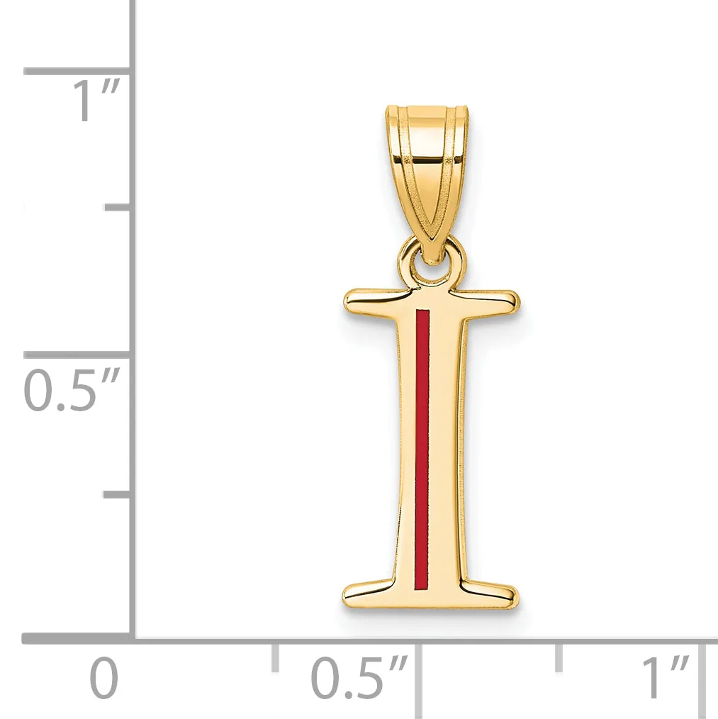 Gold pendant in the shape of the letter I with a red enamel stripe down the center, shown next to a measurement scale indicating approximately one inch in height.