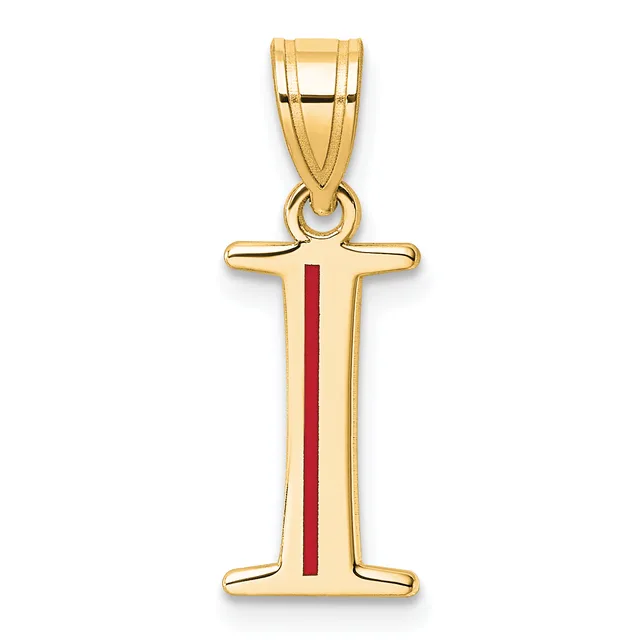 Gold letter I pendant with red enamel stripe down the center, suspended from a gold bail.