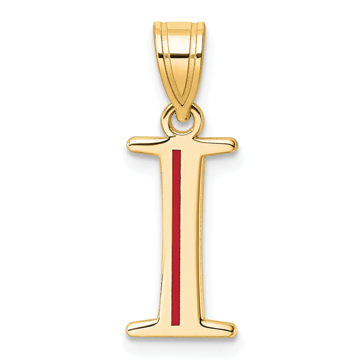 Gold letter I pendant with red enamel stripe down the center, suspended from a gold bail.