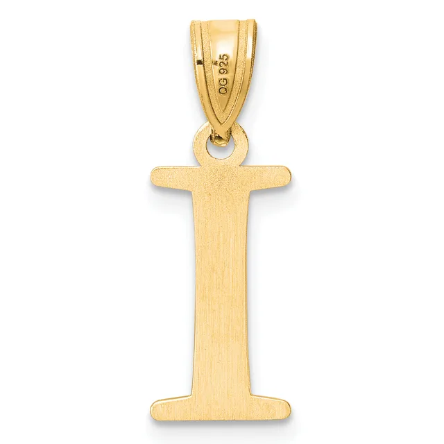 A gold pendant in the shape of the letter I with a brushed finish and a small stamped hallmark on the bail.