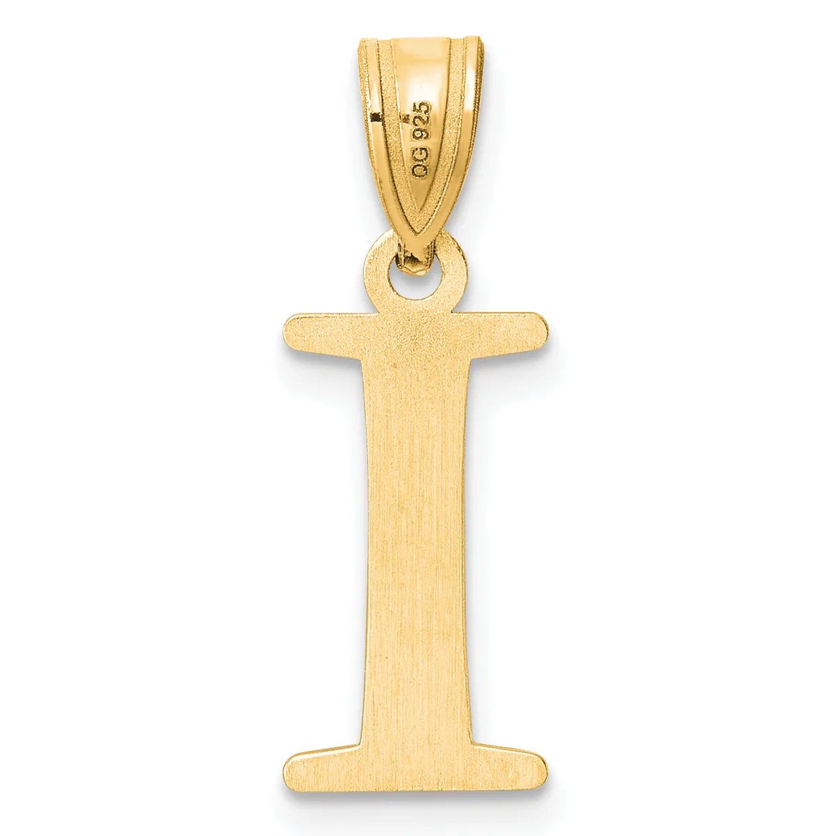 A gold pendant in the shape of the letter I with a brushed finish and a small stamped hallmark on the bail.