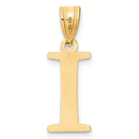 A gold pendant in the shape of the letter I with a brushed finish and a small stamped hallmark on the bail.