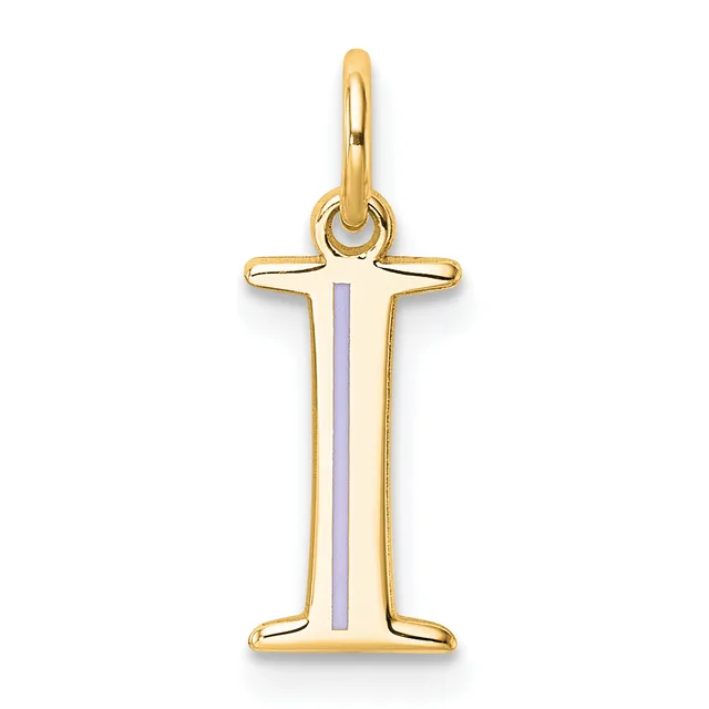 Gold letter I pendant with a purple enamel stripe down the center, hanging from a gold loop bail.
