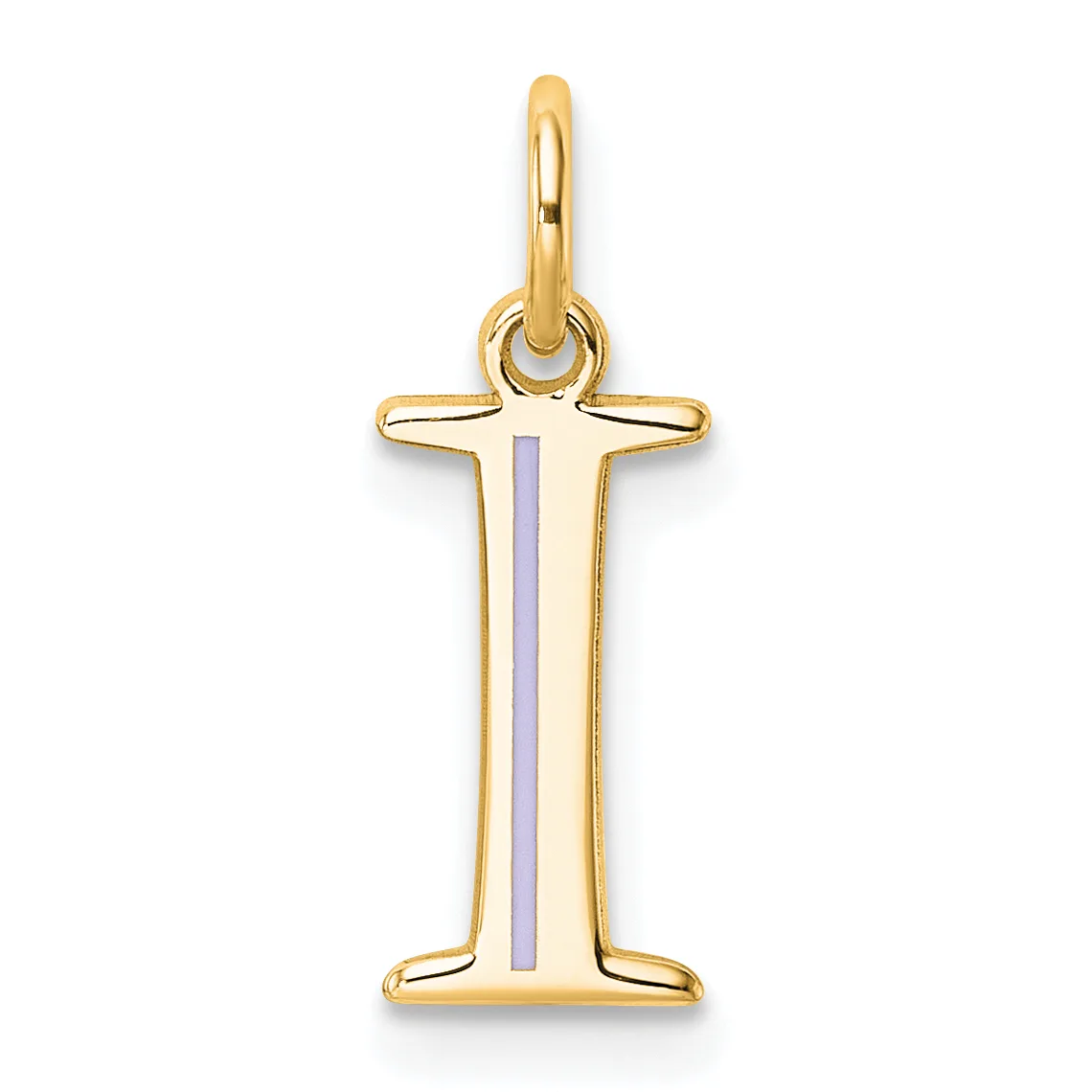 Gold letter I pendant with a purple enamel stripe down the center, hanging from a gold loop bail.