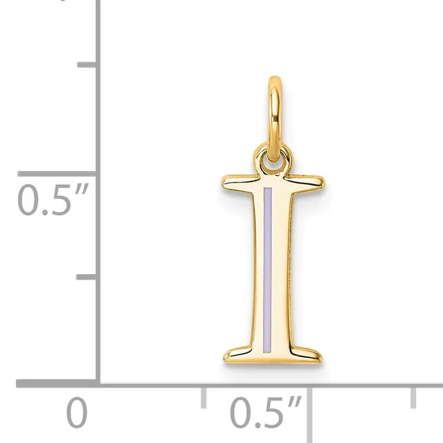 Gold cross pendant with white enamel stripe down the center, shown next to a ruler indicating approximately 0.5 inches in width and height.