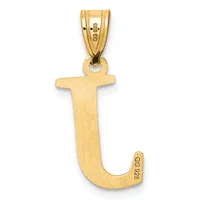 Gold letter J pendant with a brushed finish, hanging from a gold bail, displaying small stamped hallmarks on the bail and pendant.
