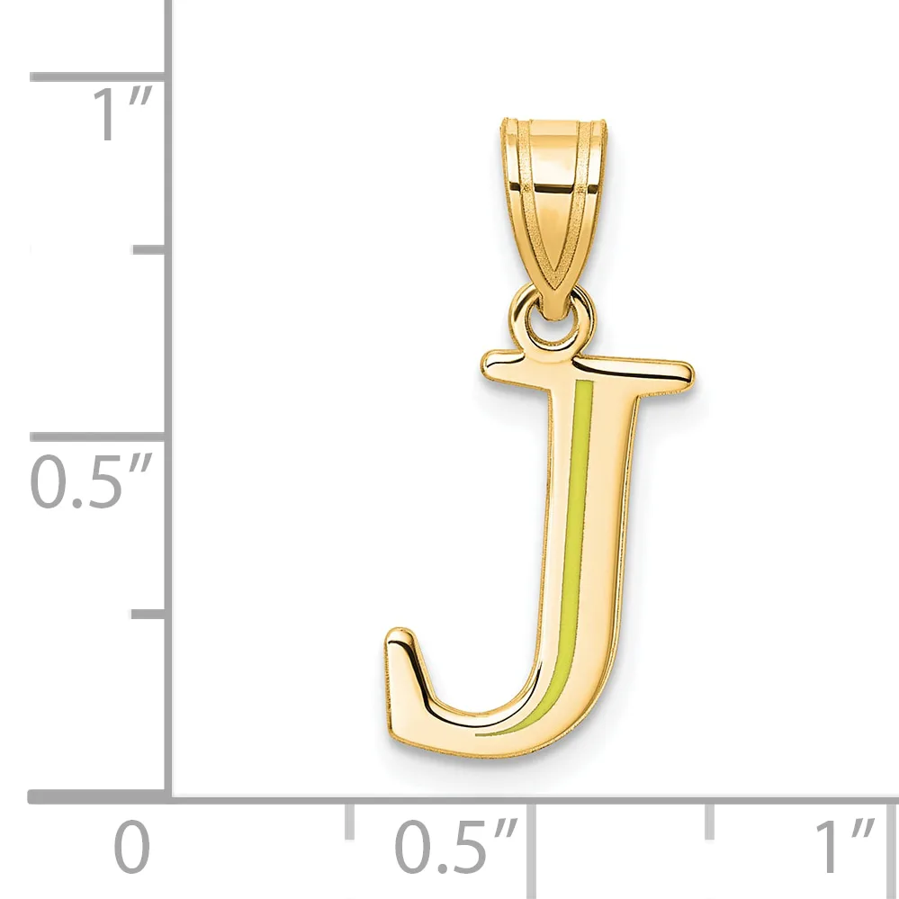 Gold letter J pendant with a polished finish shown next to a ruler indicating its height is approximately one inch.