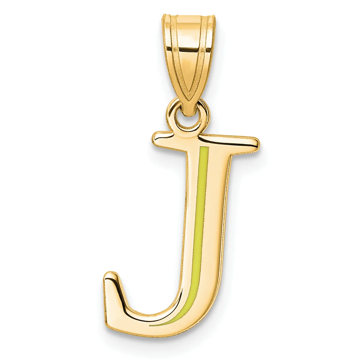 Gold letter J pendant with green enamel stripe down the center, suspended from a gold bail.