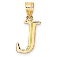 Gold letter J pendant with green enamel stripe down the center, suspended from a gold bail.