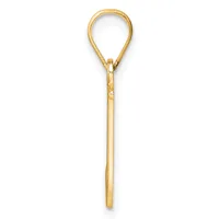 A gold teardrop-shaped pendant with a long stem and small hallmark, shown against a white background.
