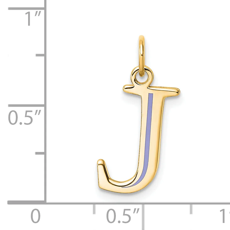 Gold-toned letter J charm with blue enamel stripe down the center, shown next to a measurement scale indicating approximately one inch in height.