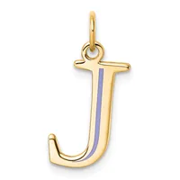 Gold letter J pendant with a blue enamel stripe down the center, suspended from a loop bail.
