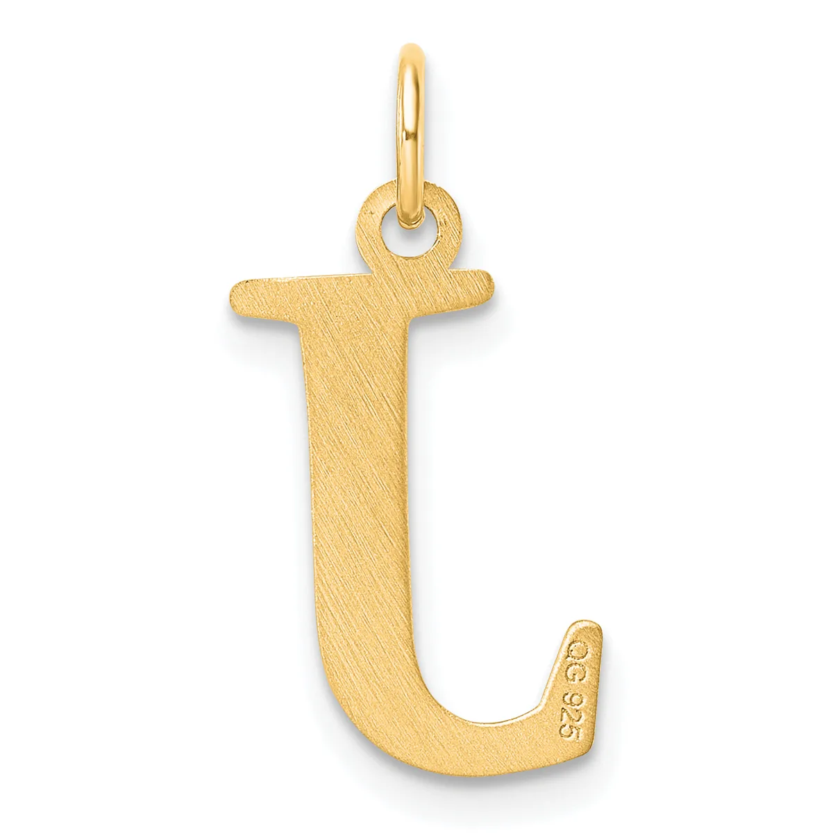 A gold letter J pendant with a textured finish and small loop at the top for hanging, shown against a white background.