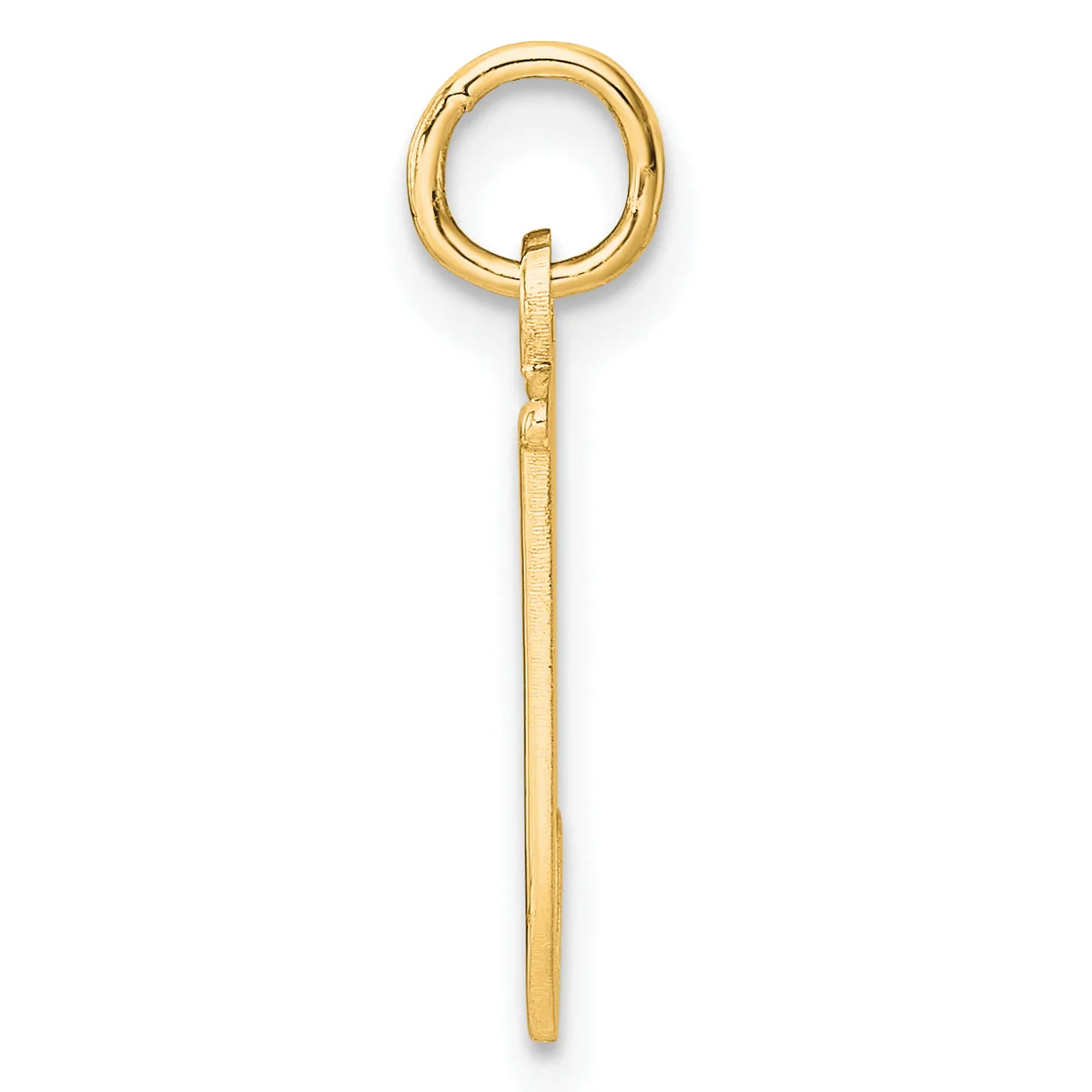 A gold-colored metal pendant consisting of a circular loop at the top attached to a long, tapered rectangular shaft with a textured finish.