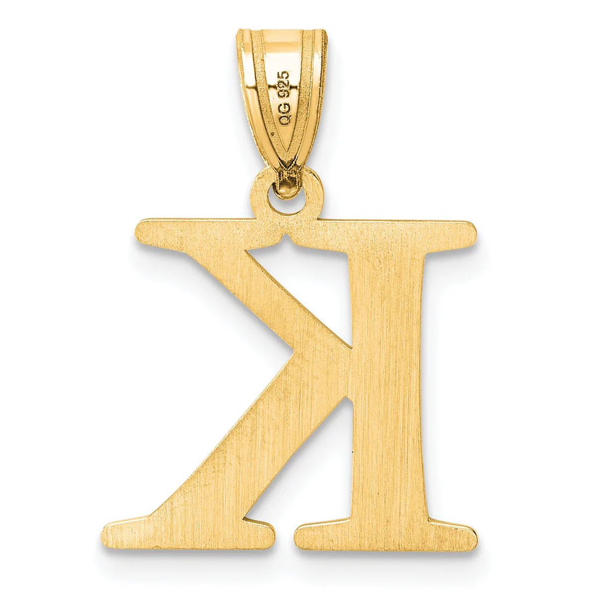 Gold pendant shaped like the letter X with a brushed finish and a small stamped hallmark, suspended from a polished bail.