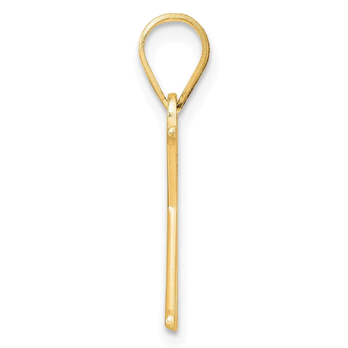 A gold teardrop-shaped pendant with a long stem, shown against a white background.