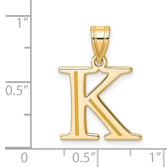 Gold letter K pendant with a polished finish and bail loop, shown next to a ruler indicating approximately one inch in height.