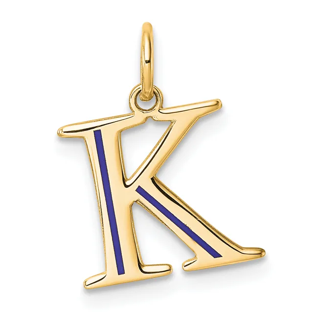 Gold letter K pendant with blue enamel stripes, shown hanging from a loop against a white background.