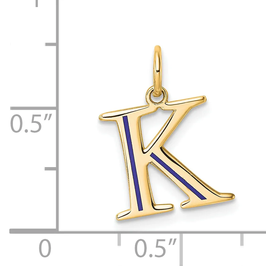 Gold letter K pendant with blue enamel stripes, shown next to a measurement scale indicating approximately half an inch in height.