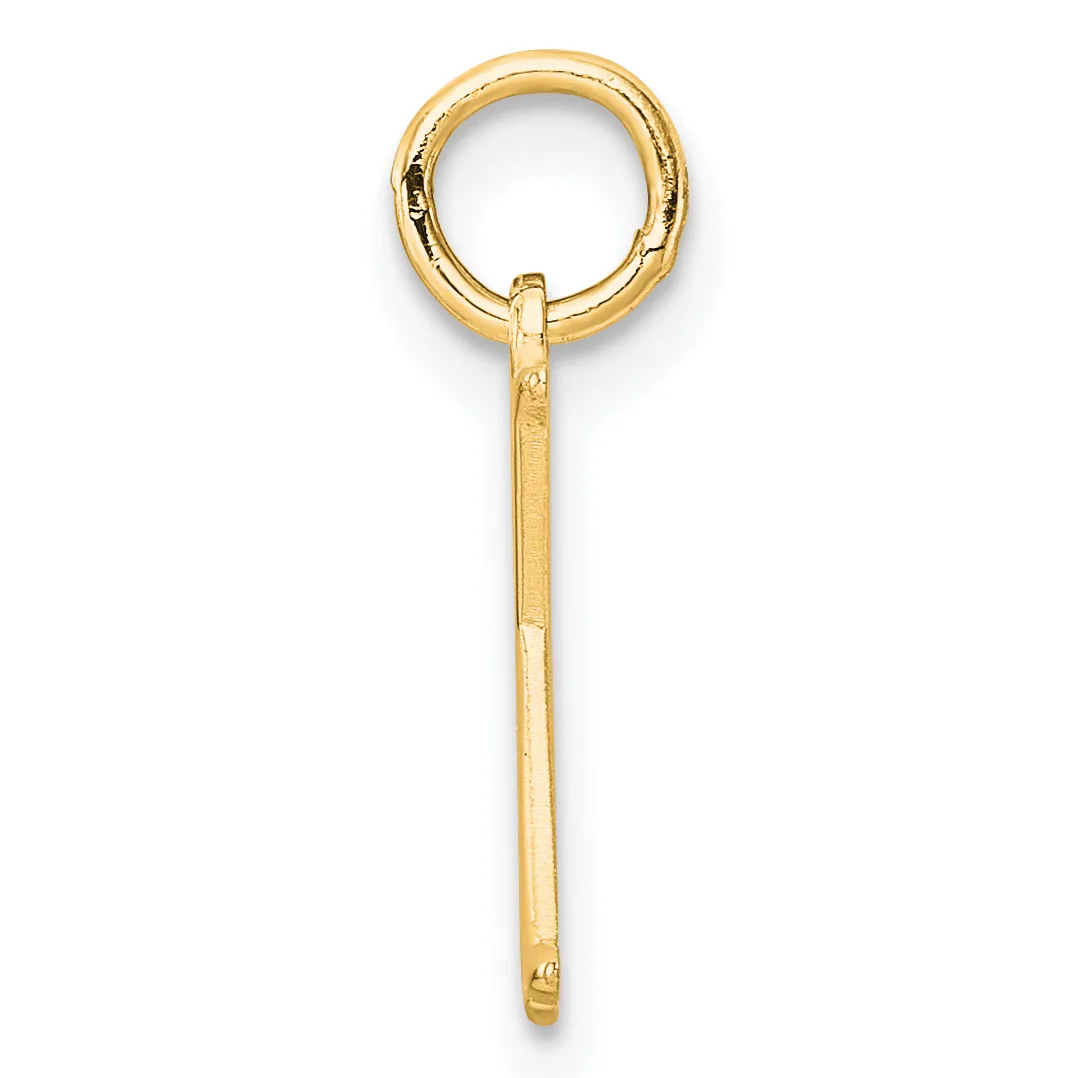 A gold pendant charm consisting of a circular loop at the top attached to a long, slender rectangular stem, shown against a white background.