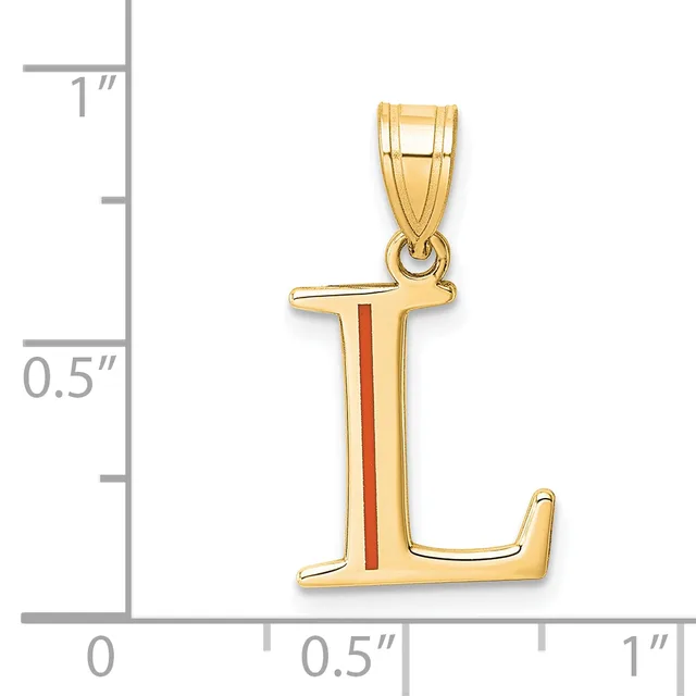 Gold pendant in the shape of the letter L with a red enamel stripe down the center, shown next to a ruler indicating its size is approximately one inch tall.