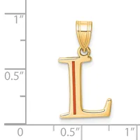 Gold pendant in the shape of the letter L with a red enamel stripe down the center, shown next to a ruler indicating its size is approximately one inch tall.