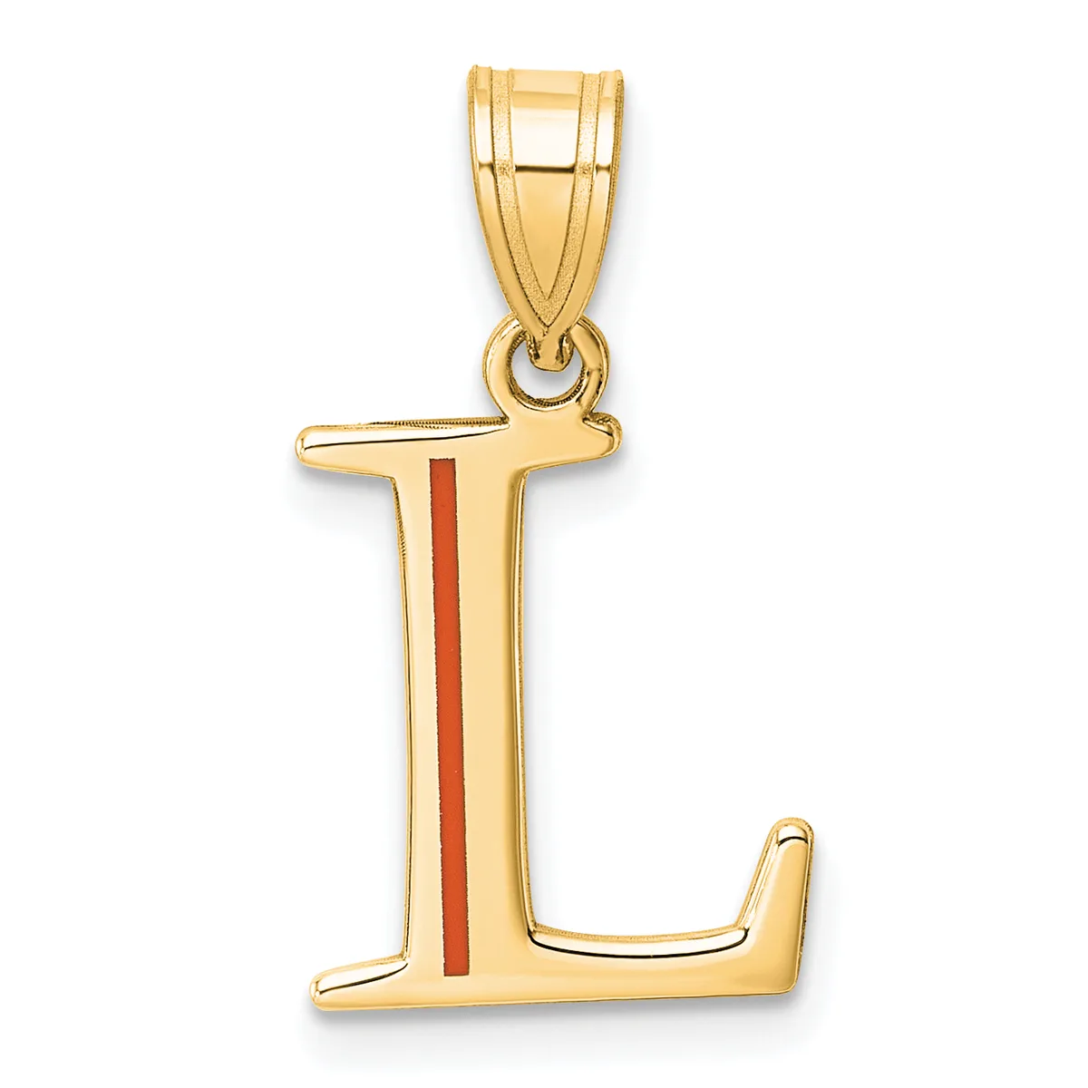 Gold letter L pendant with red enamel stripe down the center, shown hanging from a gold bail.