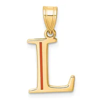 Gold letter L pendant with red enamel stripe down the center, shown hanging from a gold bail.