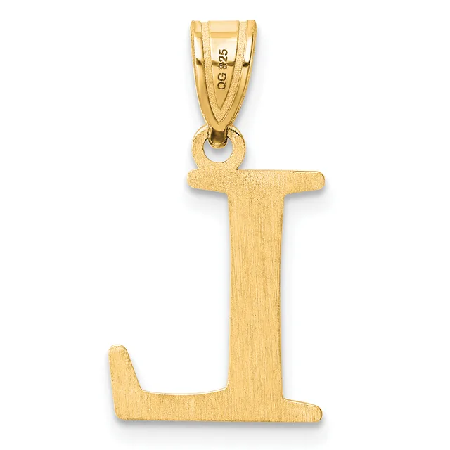 Gold pendant in the shape of the letter "L" with a brushed finish and a small stamped hallmark on the bail.
