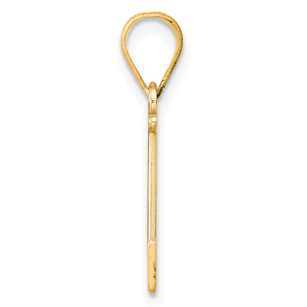 A gold teardrop-shaped pendant with a long stem, shown against a white background.