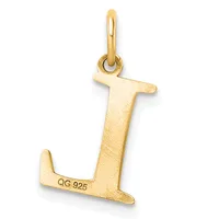 Gold pendant shaped like the letter "L" with a polished finish and a small stamped hallmark on the lower portion, suspended from a matching gold bail.