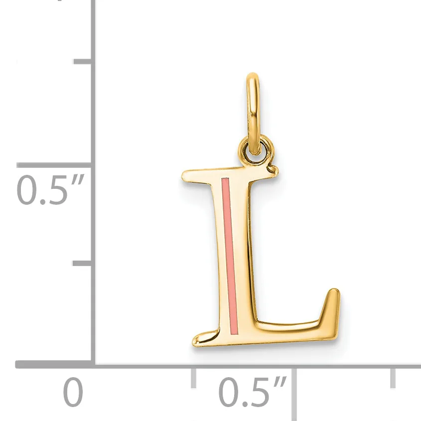Gold-colored letter L pendant with pink enamel stripe down the center, shown next to a ruler indicating approximately 0.5 inches in width and height.